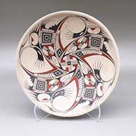 Polychrome marbleized clay shallow bowl with a geometric design
 by Humberto Ponce of Mata Ortiz and Casas Grandes