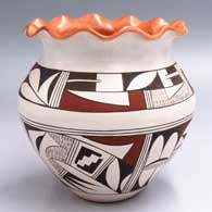 Polychrome jar with a pie crust rim and bands of geometric design above and below the shoulder
 by Grace Navasie of Hopi