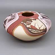Polychrome jar with a lightly carved, sgraffito, and painted dancer, ear-of-corn, bowl, fine line, and geometric design
 by Gary Polacca Nampeyo of Hopi