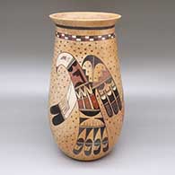 Tall polychrome jar with a flared opening, fire clouds, and a sgraffito and painted bird, cornstalk, tadpole, and geometric design
 by Gwen Setalla of Hopi