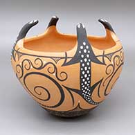 Polychrome bowl with an applique and painted lizard and geometric design
 by Priscilla Peynetsa of Zuni