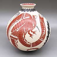 Polychrome jar with a sgraffito and painted bird and geometric design
 by Eduardo Perez of Mata Ortiz and Casas Grandes