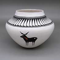 Polychrome jar with a deer-with-heart-line and feather ring geometric design
 by Debbie Brown of Acoma