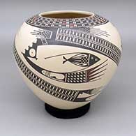 Polychrome jar with an abstracted fish, cuadrillos, and geometric design
 by Celia Veloz of Mata Ortiz and Casas Grandes