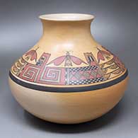 A polychrome jar with an everted rim and a band of moths, towers, scrolls and geometric design above the shoulder
 by James Nampeyo of Hopi