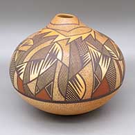 Polychrome jar with an organic opening, fire clouds, and a shard geometric design with fine line and checkerboard elements
 by Les Namingha of Hopi