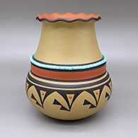 Polychrome jar with a pie crust opening, a painted geometric design, and inlaid heishi bead strand and stone details
 by Cavan Gonzales of San Ildefonso