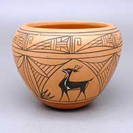 Polychrome bowl with a four-panel deer-with-heart-line and geometric design
 by Priscilla Peynetsa of Zuni