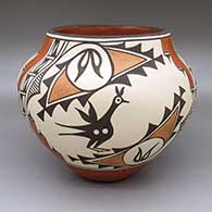 Polychrome jar with a three-panel traditional Zia design featuring roadrunner and geometric elements
 by Sofia Medina of Zia
