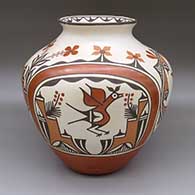Polychrome jar with a flared opening and a traditional Zia design featuring roadrunner, hummingbird, flower, and geometric elements
 by Ruby Panana of Zia