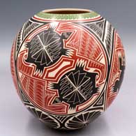 Polychrome jar with a sgraffito and painted 4-panel medallion, rabbit, roadrunner, rabbit, turtle and geometric design
 by Humberto Pina of Mata Ortiz and Casas Grandes