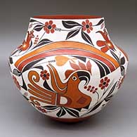 Polychrome jar with a traditional three-panel Acoma design with parrot, flower, and rainbow geometric elements
 by Barbara and Joseph Cerno Sr of Acoma