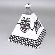 Black-on-white lidded jar with a pyramid shaped body, a matching geometric lid, and a four-panel Pacific Northwest-inspired face, fine line, and geometric design
 by Charmae Natseway of Acoma