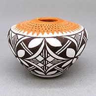 Small polychrome jar with a corrugated band around opening and a geometric design
 by Adrienne Roy Keene of Acoma