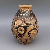Polychrome marbleized clay jar with flared opening and geometric design
 by Lila Silveira of Mata Ortiz and Casas Grandes