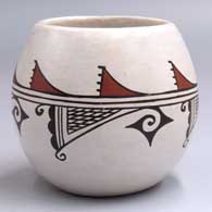 Polychrome white jar with a band of bird element, crosshatching and geometric design
 by Sylvia Naha of Hopi