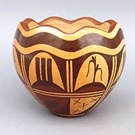 Polychrome bowl with fluted opening, cornstalk and geometric design, and fire clouds
 by Stetson Setalla of Hopi
