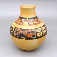 Polychrome jar with a slightly flared opening, fire clouds, and a geometric design
 by Gloria Mahle of Hopi