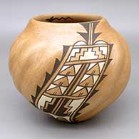 Polychrome on micaceous gold spiral melon jar with a kiva step and geometric design and a painted lightning bolt detail inside opening
 by Juanita Fragua of Jemez
