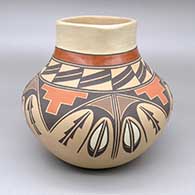 Polychrome jar with a square opening and a kiva step and geometric design
 by Laura Gachupin of Jemez