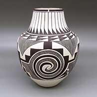 Black-on-white jar with a four-panel spiral, fine line, feather ring, kiva step, and geometric design
 by Myron Sarracino of Laguna