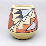 Small polychrome jar with a three-panel kiva step and geometric design
 by Joe and Thelma Talachy of Pojoaque