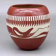A buff-on-red jar with an avanyu and feather design around the shoulder
 by Earlene Youngbird Tafoya of Santa Clara