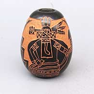 Small red and black jar with sgraffito kachina, rainbow-of-feathers and geometric design
 by Tom Tapia of Ohkay Owingeh