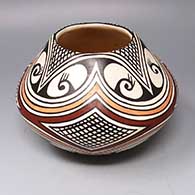 Polychrome jar with crosshatched and geometric pattern
 by Helen Naha aka Feather Woman of Hopi