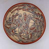 Polychrome bowl with hand and geometric design on inside and geometric design on outside
 by Unknown of Jemez