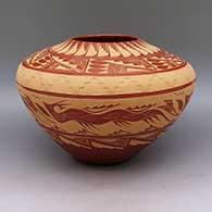 Brown jar with sgraffito avanyu, feather, ring of feathers, kiva step, and geometric design
 by Vangie Tafoya of Jemez