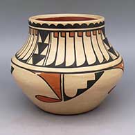 Polychrome jar with geometric design
 by Carmelita Dunlap of San Ildefonso