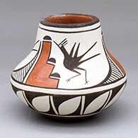 A small polychrome jar decorated with a three-panel roadrunner, rain cloud and geometric design
 by Eusebia Shije of Zia