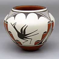 A polychrome jar decorated with a three-panel roadrunner, rain cloud and geometric design
 by Eusebia Shije of Zia