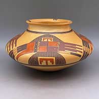 Polychrome jar with flared rim, fire clouds, and geometric design, 3rd Place ribbon from 2005 Santa Fe Indian Market
 by Jean Sahmie of Hopi