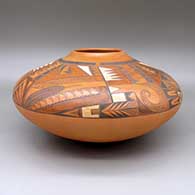 Large polychrome jar with fire clouds and a feather, spiral, and geometric design
 by Dextra of Hopi