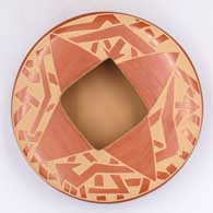 Flat-top red jar with a square opening and a sgraffito geometric design
 by Elston Yepa of Jemez