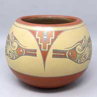 Polychrome jar with 3-panel avanyu, cloud and geometric design
 by Margaret and Luther Gutierrez of Santa Clara