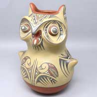 Polychrome owl with a bird element and geometric design
 by Margaret and Luther Gutierrez of Santa Clara