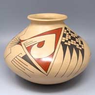 Polychrome jar with a rolled lip and a 2-panel geometric design
 by Dora Quezada of Mata Ortiz and Casas Grandes