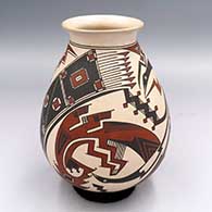 Polychrome jar with a flared lip and a painted lizard, bird and geometric design
 by Gerardo Cota of Mata Ortiz and Casas Grandes