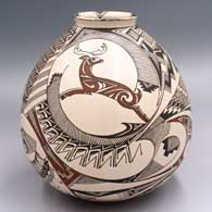 Polychrome jar with a raised, flared rim and a deer, bighorn sheep and geometric design
 by Manuel Rodriguez of Mata Ortiz and Casas Grandes