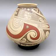 Polychrome jar with a slightly flared opening and a geometric design
 by Juan Quezada Sr of Mata Ortiz and Casas Grandes