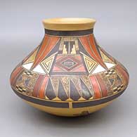 Polychrome jar with a slightly flared opening, fire clouds, and a Sikyatki Revival broken shard and geometric design
 by Karen Abeita of Hopi