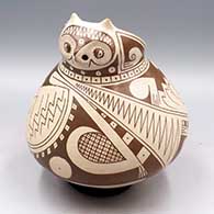 Brown on white owl jar with geometric design
 by Juan Quezada Sr. of Mata Ortiz and Casas Grandes