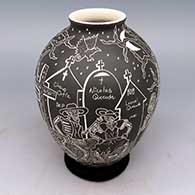 Black-and-white jar with flared lip and sgraffito Day of the Dead design
 by Hilario Quezada Jr of Mata Ortiz and Casas Grandes