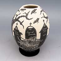 Black-and-white jar with sgraffito Day of the Dead design
 by Hilario Quezada Jr of Mata Ortiz and Casas Grandes