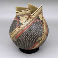 Polychrome jar with a square geometric cut opening and a painted geometric design
 by Gerardo Tena of Mata Ortiz and Casas Grandes