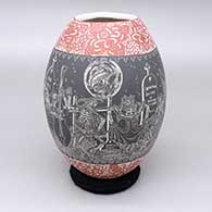 Polychrome jar with a sgraffito Night of the Dead and lace geometric design
 by Hector Javier Martinez of Mata Ortiz and Casas Grandes