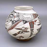 Polychrome jar with a slightly flared opening and a painted rabbit, bird, jaguar, and geometric design; includes polished red stand
 by Manuel Rodriguez Guillen of Mata Ortiz and Casas Grandes